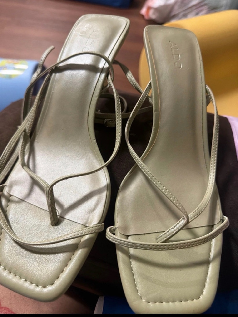 Aldo Strappy Square-Toe Heels in Light Beige